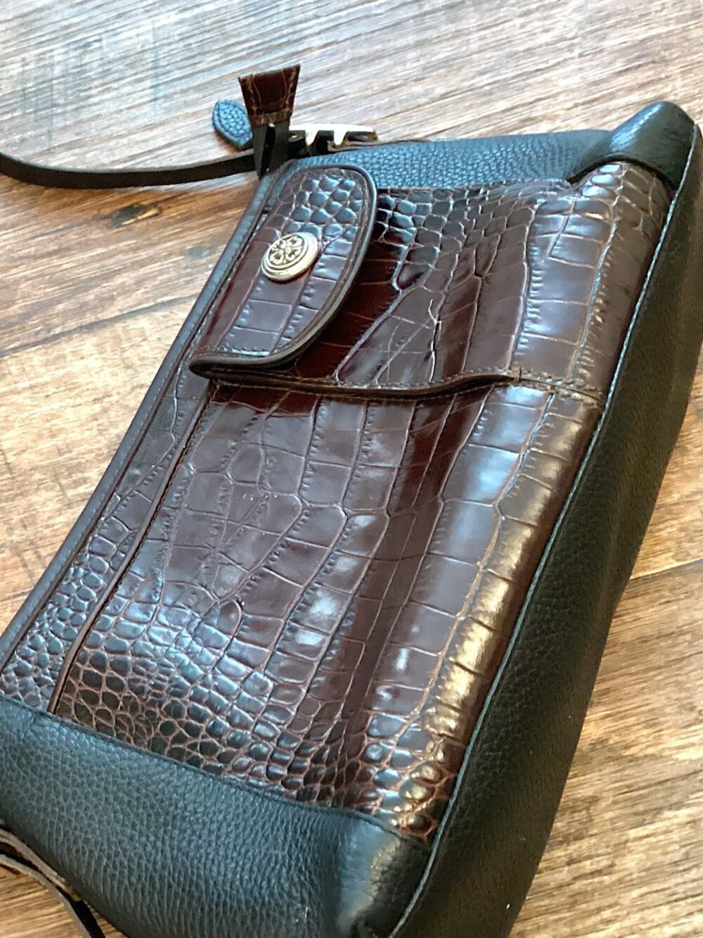Brighton Crocodile Leather Purse, Shoulder Bag Thin Strap, Dark Brown & Black